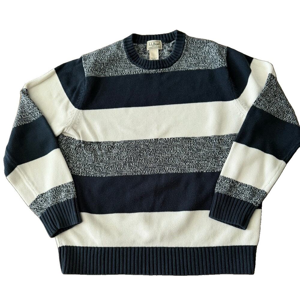 LL Bean Signature Women’s M Crewneck Knit Sweater/Stripe/Coastal Navy Cream